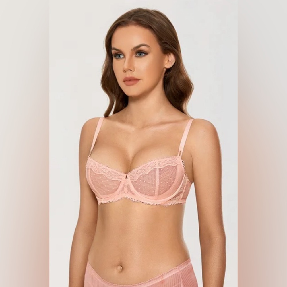 -Dobreva lace balconette bra unlined sheer push up bra 36E light pink pastel
